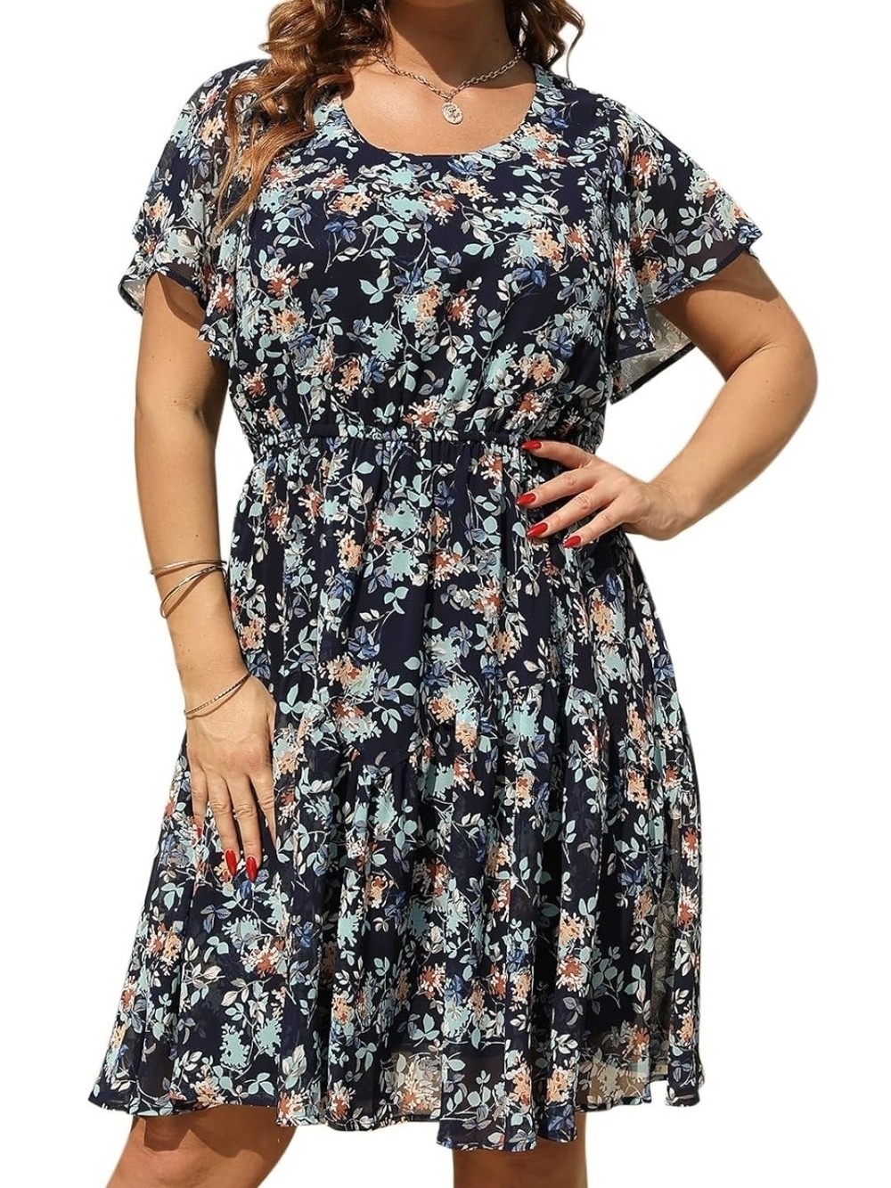 Navy Floral Short Sleeve Midi Dress
